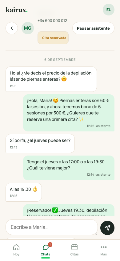Panel Kairux — chat con cita cerrada